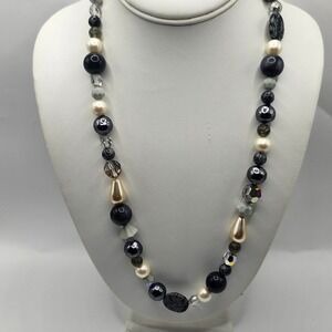 Three Ladies Beaded Necklace Faux Pearl Mixed Stone Glass Black White Gray Cream